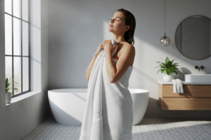 femme dans sa salle de bain en train de se sécher avec une grande serviette de toilette