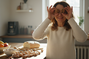 femme d'une quarantaine d'année d'année qui met des noix devant ses yeux