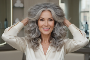 Prompt 1: Portrait d'une femme élégante d'environ 50 ans, souriante, tenant ses cheveux entre ses ma