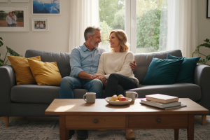Image réaliste d'un couple de cinquantenaires assis sur un canapé dans leur salon