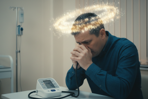 Une personne assise, stressée, regardant un tensiomètre affichant des chiffres de tension artérielle