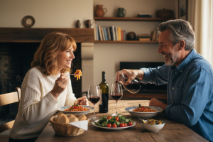 couple de cinquante ans qui partage un repas à table