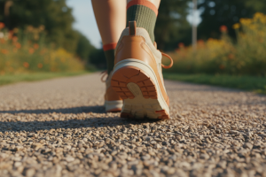 Perspective en plan serré au niveau du sol, capturant le pied et la cheville d'un marcheur dynamique