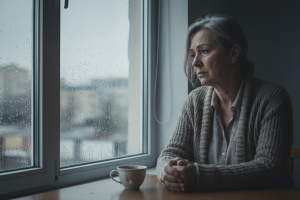 personne âgée d'une cinquantaine d'année seule et triste