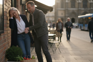 personne d'une cinquantaine d'année soumise à un vertige dans la rue