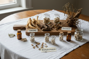 Une photo des plantes adaptogènes ginseng, rhodiola et ashwagandha sous plusieurs formes (entières e