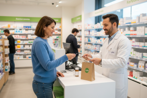 personne qui achète un médicament en pharmacie