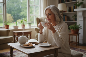 Femme mature qui boit un thé