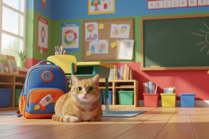 Prompt 2: Un chat domestique à l'allure innocente assis à côté d'un cartable d'enfant dans une salle