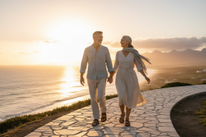 Un couple d'âge mûr (55 ans et plus) souriant et actif, regardant ensemble un horizon lumineux (vue 
