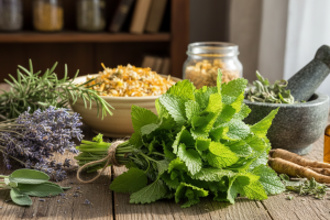 Photo de plusieurs plantes médicinales, dont la mélisse, disposées sur une table