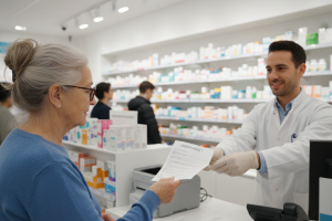 personne tendant une ordonnance au pharmacien dans une pharmacie