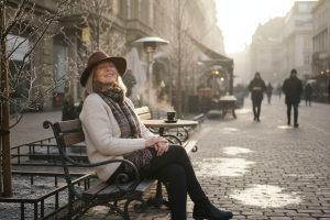 femme mûre s'exposant au soleil en hiver en ville