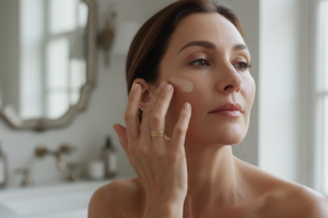 Une femme élégante d'âge mûr appliquant un blush crème ou un enlumineur avec un mouvement ascendant 