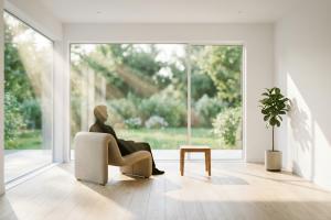 personne assise dans un salon lumineux