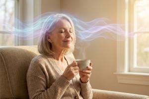 Femme qui prend un thé et écoute de la musique