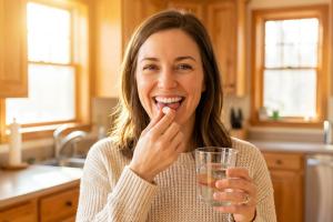 femme qui prend un comprimé avec un verre d'eau