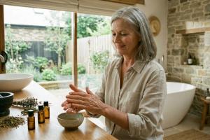 Femme qui se masse les mains avec une synergie d'huiles essentielles