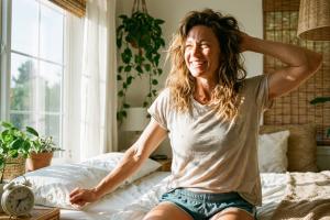 Femme au bord de son lit le matin au réveil