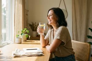 femme tenant un verre d'eau fraîche