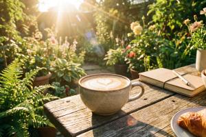 une tasse de café sur une table de jardin