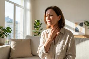 Femme d'une cinquantaine d'année qui se touche la gorge car douloureuse