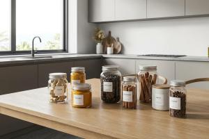 pots d'épices sur une table de cuisine