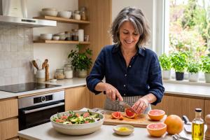 femme dans sa cuisine en train de cuisiner la pamplemousse