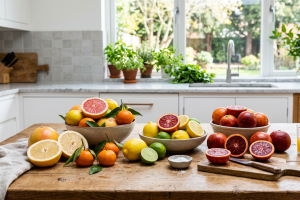 variétés d'agrumes comprenant des pamplemousses, clémentines, citrons jaunes et verts, oranges...