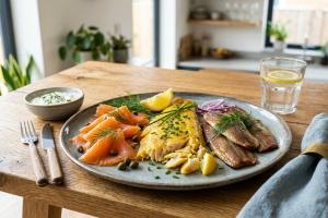 saumon fumé, haddocks fumés et harengs fumés disposés sur une assiette