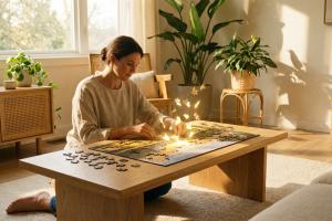 femme assise dans un salon assemblant un puzzle