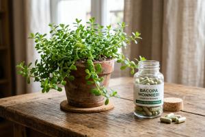 Bacopa monnieri posée sur une table avec des gélules