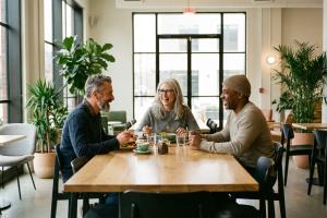 groupe de trois amis autour d'une table
