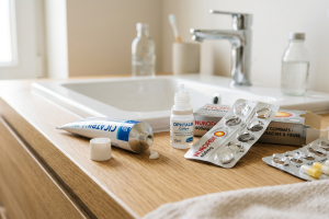 médicaments ouverts : pommade, collyre, plaquettes de comprimés... 