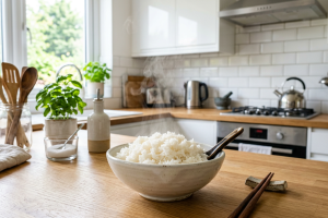 Bol de riz blanc fumant sur le plan de travail d'une cuisine 