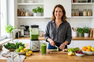 Femme préparant des jus dans sa cuisine