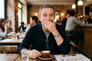 Homme la main devant la bouche pour retenir un hoquet