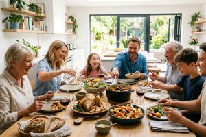 Plusieurs personnes de différents âge à table en train de partager un repas familial, on distingue c