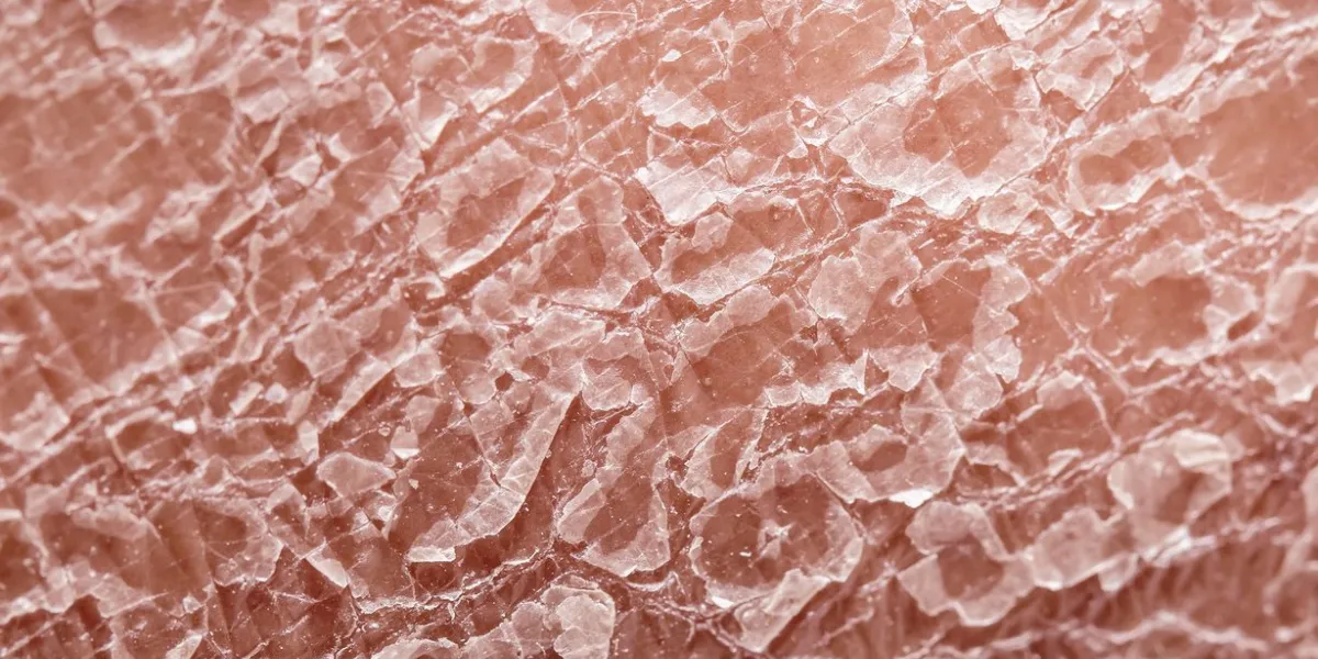 unhealthy human skin epidermis texture with flaking and cracked particles close-up