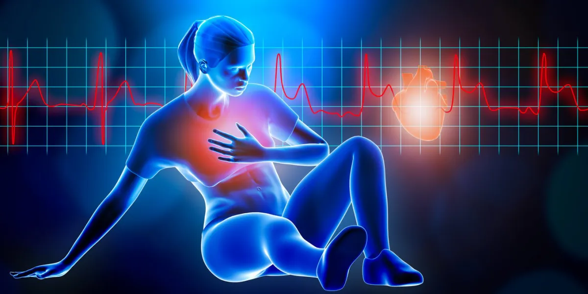young athletic woman in sport suit laying on the ground suffering from a heart attack 3d rendering illustration stemi heart rate ekg in the background and copy space sport, medical and healthcare, myocardial infarction concepts