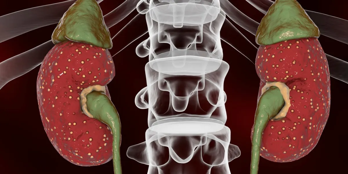 acute pyelonephritis, medical concept, 3d illustration showing focal small abscesses in kidney tissue and purulent exudate covering congestive mucosa of renal pelvix