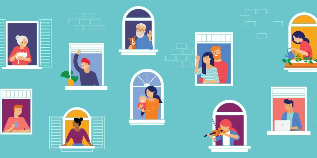 stay at home, covid-19 pandemic concept design house facade with open windows different types of people looking out and communicating with their neighbors self isolation, quarantine during coronavirus outbreak vector flat style illustration