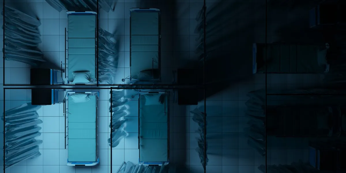 top view of empty hospital beds illuminated faintly by blue light in the dark
