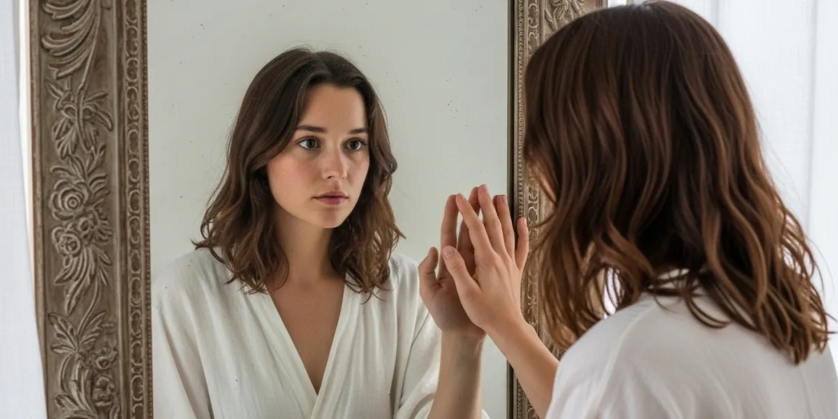 Une jeune femme se regarde doucement dans un miroir, son expression est pensive et légèrement interr