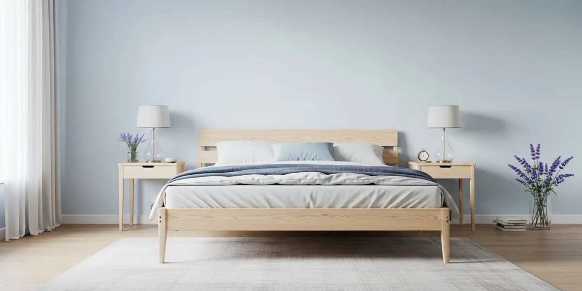 Une chambre élégante et épurée, dominée par des touches de bleu ciel très pâle et doux, comme des nu