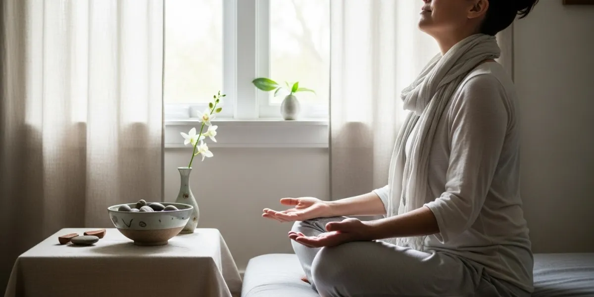 Une personne assise dans le calme, les yeux fermés, un léger sourire. La lumière naturelle et douce 