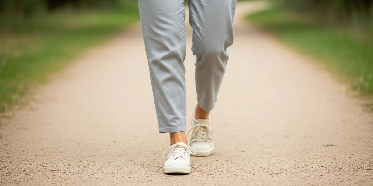 Plan serré sur les jambes d'une personne en mouvement fluide, marchant tranquillement sur un sentier