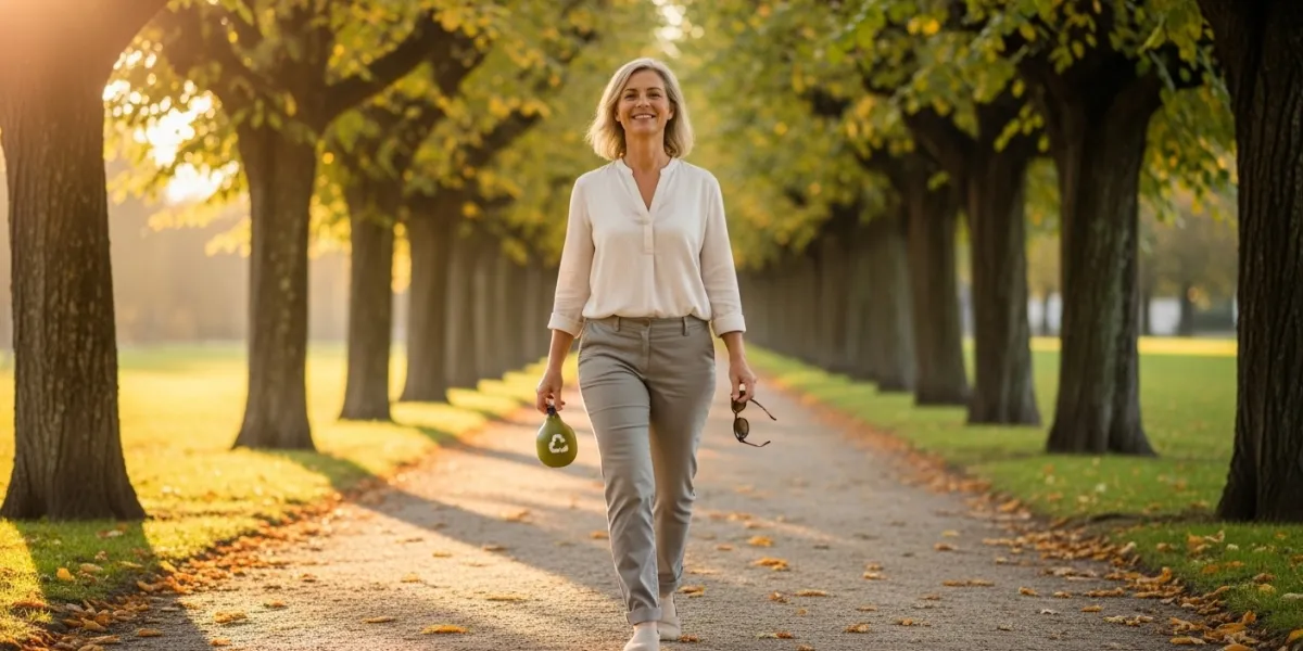 Un homme ou une femme souriant, d'âge mûr (environ 50 ans), pratiquant une marche douce et décontrac