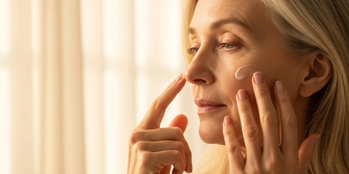 Une capture réaliste et apaisante d'une femme d'âge mûr qui prend soin de son visage avec une crème 
