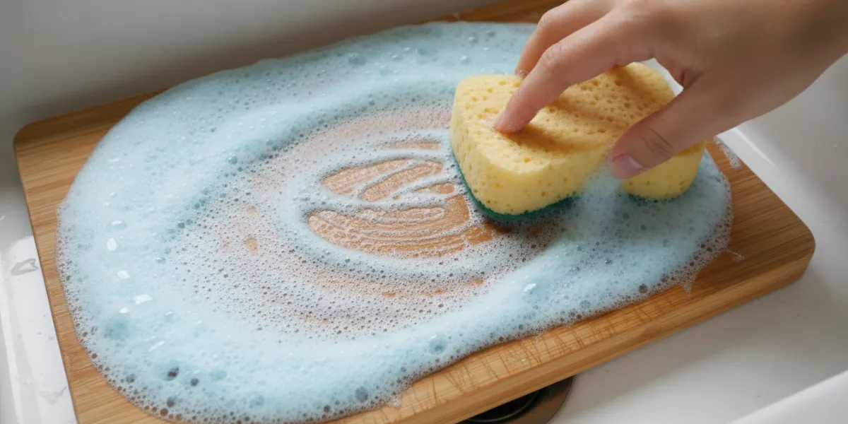 Gros plan aérien (vue plongeante) sur une planche à découper rectangulaire en bois de hêtre clair, p